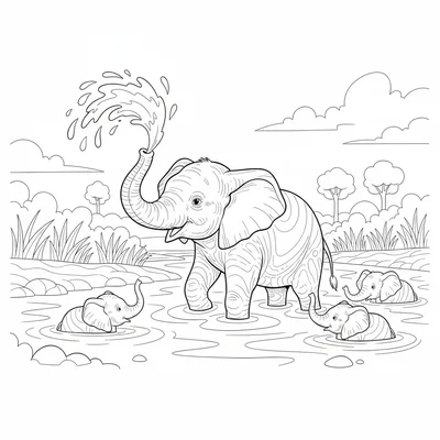 A young elephant splashing in a shallow river crossing, water spraying from its coloring page