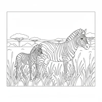 A zebra foal walking beside its mother in tall savanna grass, the foal smaller coloring page