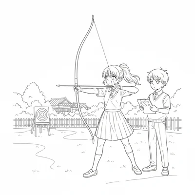 An anime archery club practice with a single archer at the moment of release coloring page
