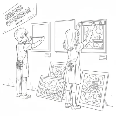 An anime art exhibition setup with two students hanging large paper artworks coloring page