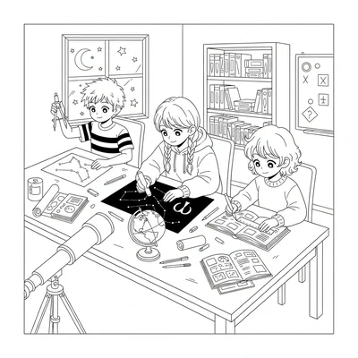 An anime astronomy club star map drawing session, three students at a table coloring page