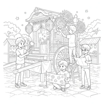 An anime autumn festival float building session with four students constructing coloring page