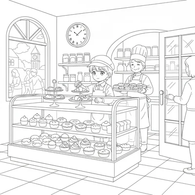 An anime bakery part-time job scene with a student in uniform arranging fresh coloring page
