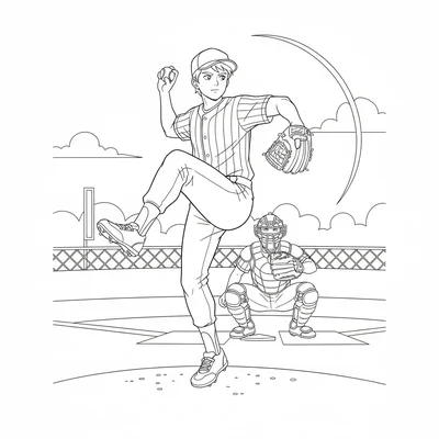 An anime baseball pitcher wind-up frame, the pitcher fully wound at the peak coloring page
