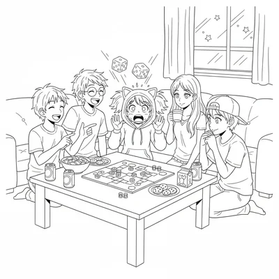 An anime board game night with four friends around a low table, game pieces coloring page