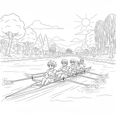 An anime boat rowing team practice on a river, four rowers in a narrow shell coloring page