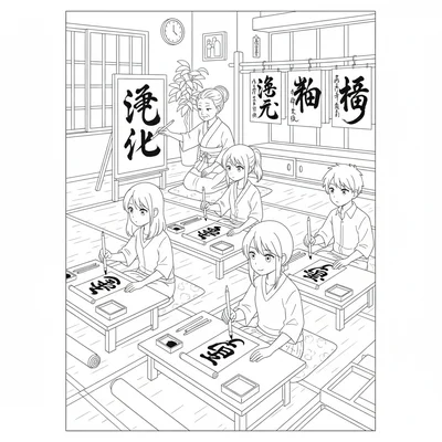 An anime calligraphy club scene with three students practicing at low desks coloring page