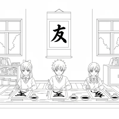An anime calligraphy club session with three students at long desks, each coloring page