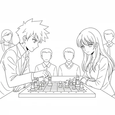 An anime chess match at the final move, one player reaching to make a move coloring page