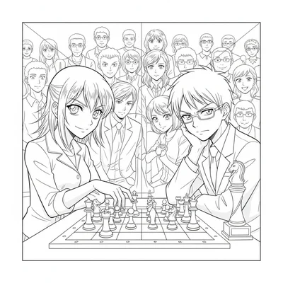 An anime chess tournament finale, two players at a board with the game clearly coloring page