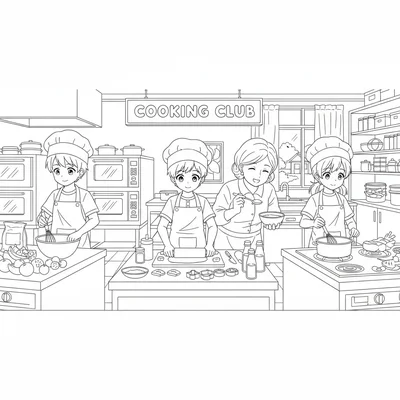 An anime cooking club preparing dishes in a school kitchen, three students coloring page