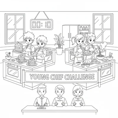 An anime cooking competition where two student teams work simultaneously coloring page