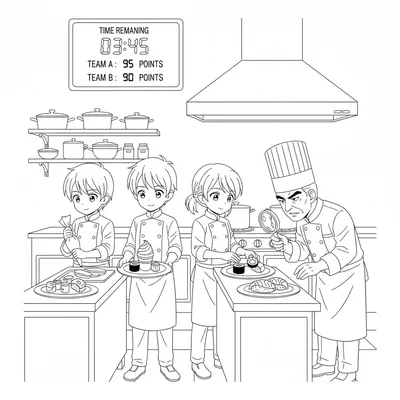 An anime cooking competition with two student teams plating dishes at adjacent coloring page