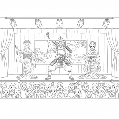 An anime cultural festival drama performance on a school stage, three actors coloring page