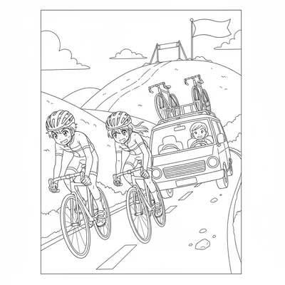 An anime cycling club hill climb with two riders in training gear pushing up coloring page