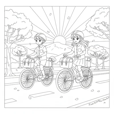 An anime cycling morning commute with two friends riding side by side down coloring page