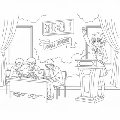 An anime debate club final argument with one student at a podium delivering coloring page