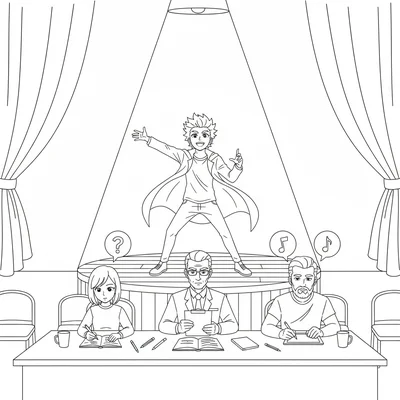 An anime drama club audition with one student performing a monologue on a small coloring page