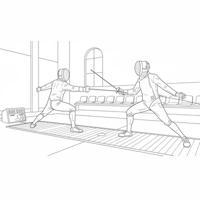 An anime fencing match in progress, two fencers in full mask and jacket coloring page
