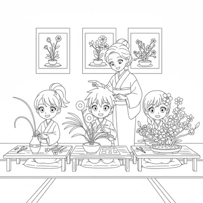 An anime flower arranging club with three students at low wooden tables coloring page