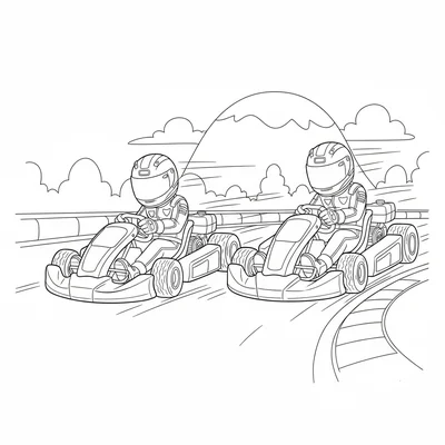 An anime go-kart race scene with two karts side by side in a tight corner coloring page