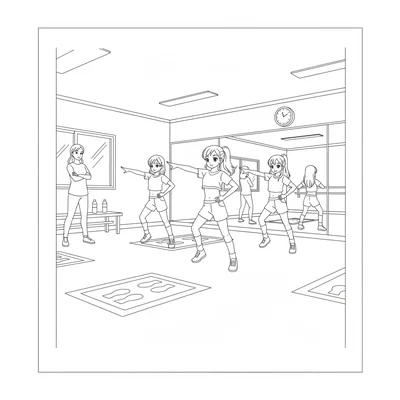 An anime idol group rehearsal in a dance studio, three performers practicing coloring page