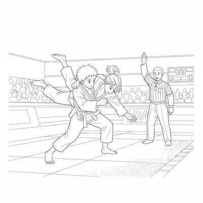An anime judo tournament moment with two competitors mid-throw, one executing coloring page
