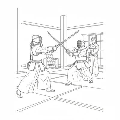 An anime kendo practice match in the school dojo, two students in full kendo coloring page