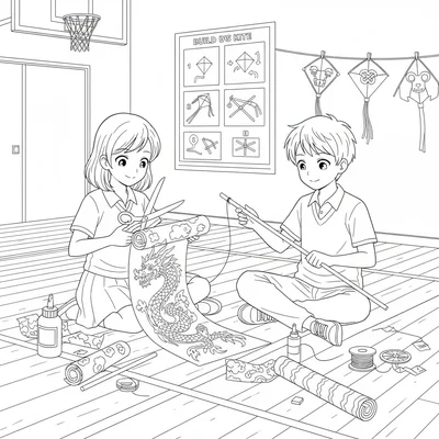 An anime kite-building session in the school gym with two students cutting coloring page