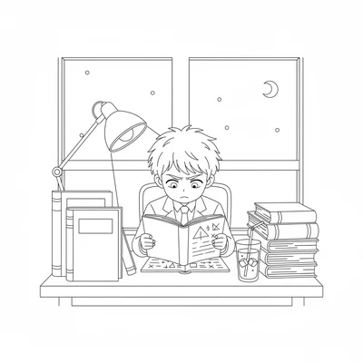 An anime late-night study moment with a student at a desk surrounded coloring page