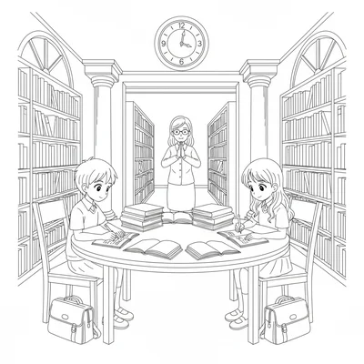 An anime library study session near closing time with two students finishing coloring page