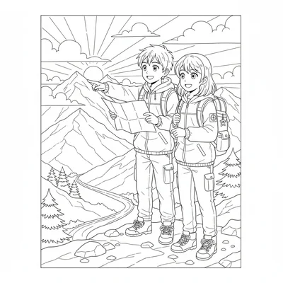 An anime mountain trail hike with two students in outdoor gear pausing to look coloring page