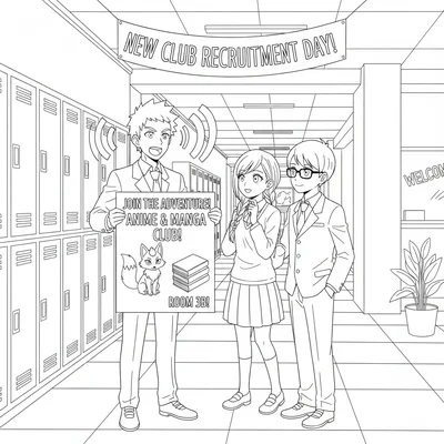 An anime new club recruitment day with a student holding a large promotional coloring page