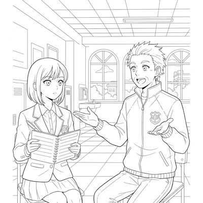 An anime newspaper club interview scene with a student journalist conducting coloring page