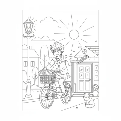 An anime newspaper delivery scene with a student on a bicycle tossing rolled coloring page