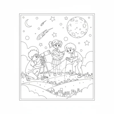 An anime night observatory trip, three students at a hilltop with a small coloring page