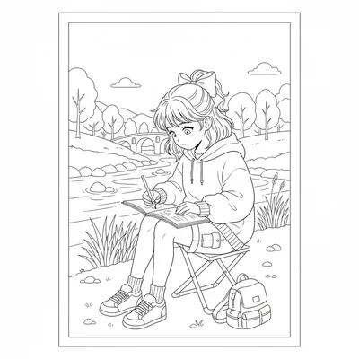 An anime outdoor sketching session with a student seated on a folding stool coloring page