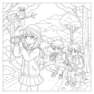 An anime photography club outing with three students on a nature trail, one coloring page