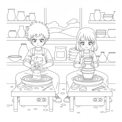 An anime pottery wheel class with two students at adjacent wheels, one coloring page