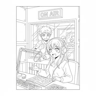 An anime radio club broadcasting session in a small booth, the announcer coloring page