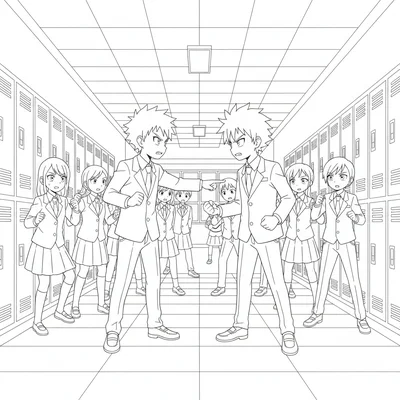 An anime rival encounter in a school hallway, two students stopping to face coloring page