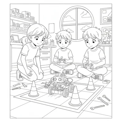An anime robotics team testing their build, two students crouched to watch coloring page
