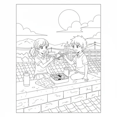 An anime rooftop lunch scene with two friends sharing a bento, seated on a low coloring page