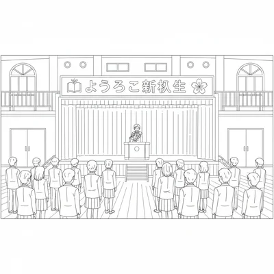 An anime school entrance ceremony with students standing in neat rows in a gym coloring page