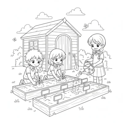 An anime school garden club planting seedlings in raised beds, two students coloring page
