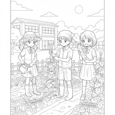 An anime school garden club scene with three students tending rows coloring page
