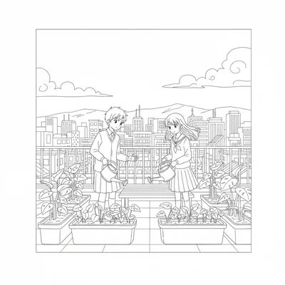 An anime school roof garden scene with two students watering rooftop planter coloring page