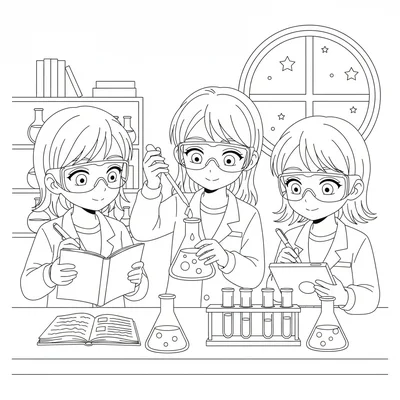 An anime science club experiment with three students around a lab bench, one coloring page