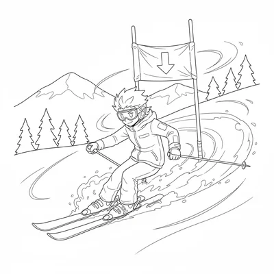 An anime ski slope run with a skier carving a hard turn at speed, poles out coloring page
