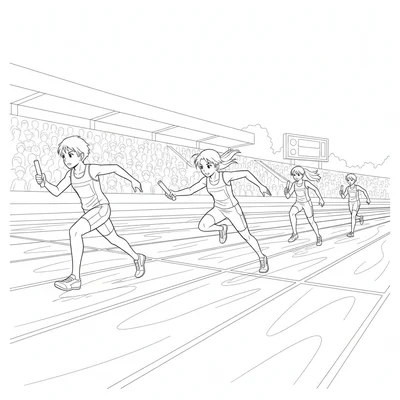 An anime sports festival relay race moment with four runners visible coloring page